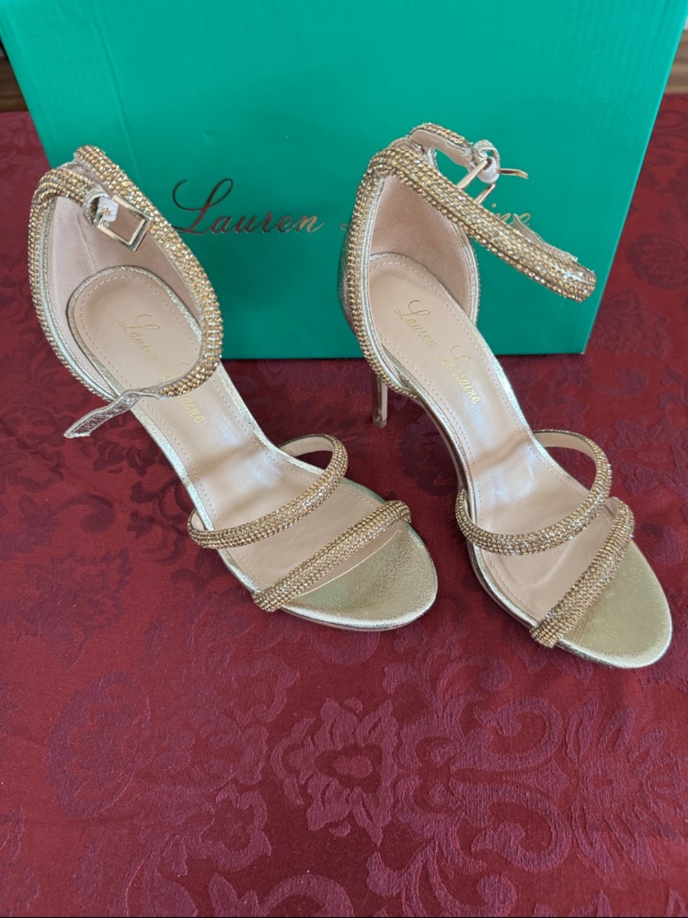 Lauren Lorraine Metallic Gold Beaded Sandals with ankle closure with box  (OLCC)